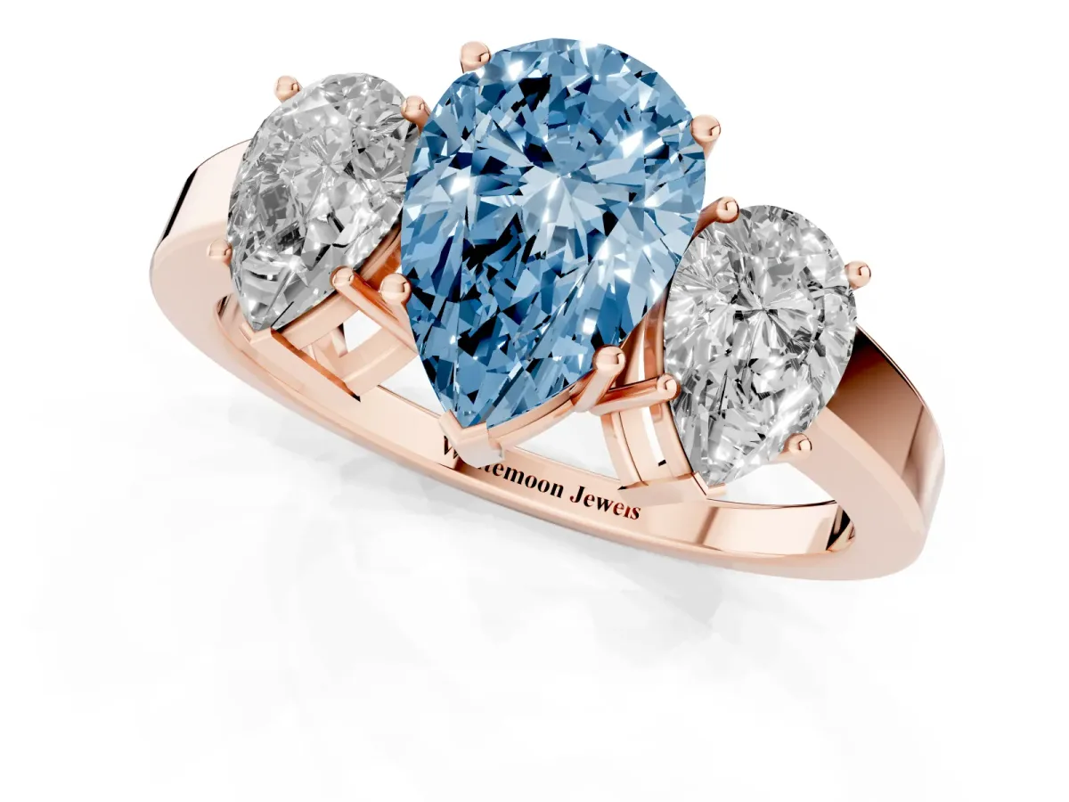Fancy Blue Three-Stone Pear Cut Cut Diamond Engagement Ring with Flat Band and Four-Prong Setting Rose gold