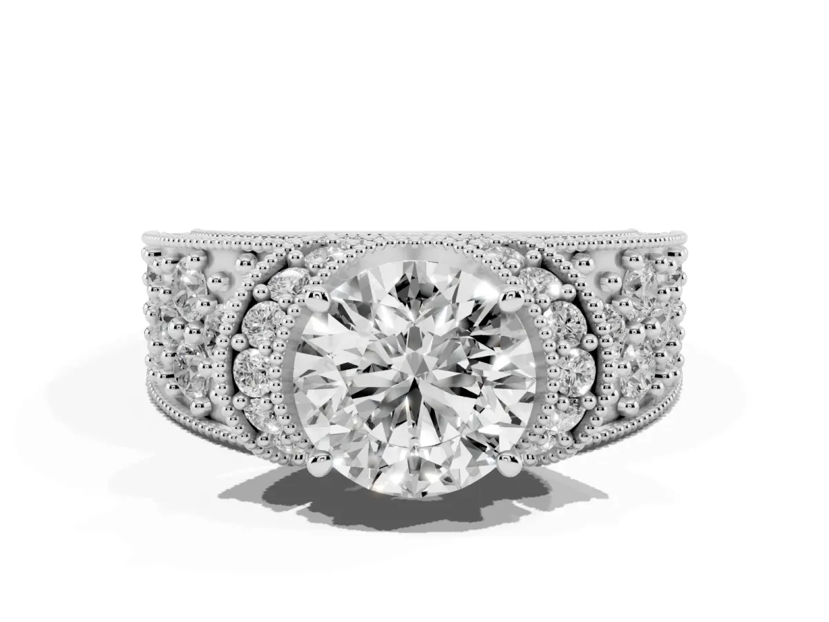 Round Cut Halo Pave Diamond Engagement Ring with Milgrain Detailing Silver