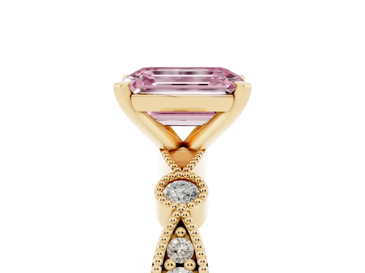 Fancy Pink Emerald Cut Milgrain Bezel Diamond Engagement Ring with Solitaire Prong Setting Yellow gold