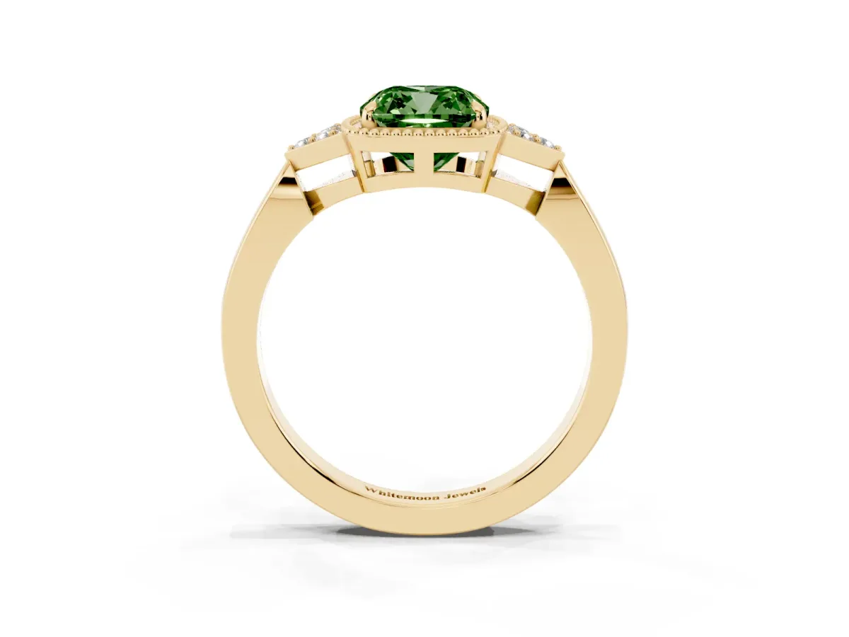 Fancy Green Cushion Cut Diamond Halo Ring with Tapered Band and Four-Prong Setting Yellow gold