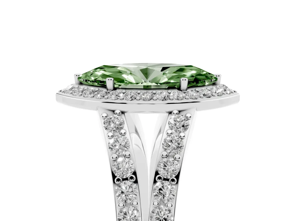Fancy Green Marquise Cut Diamond Split Shank Halo Ring with Four-Prong Setting Platinum