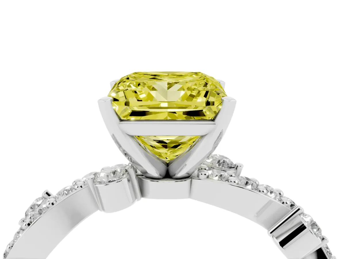 Fancy Yellow Princess Cut Cut Solitaire Diamond Twisted Band with Pave Setting Platinum