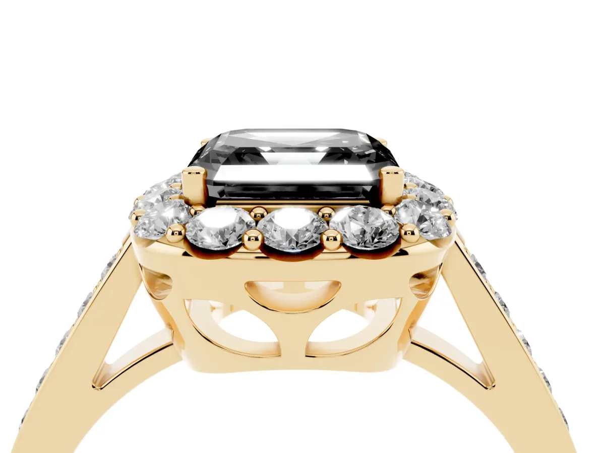 Fancy Black Asscher Cut Diamond Floral Halo Ring with Pavé Band and Prong Setting Yellow gold