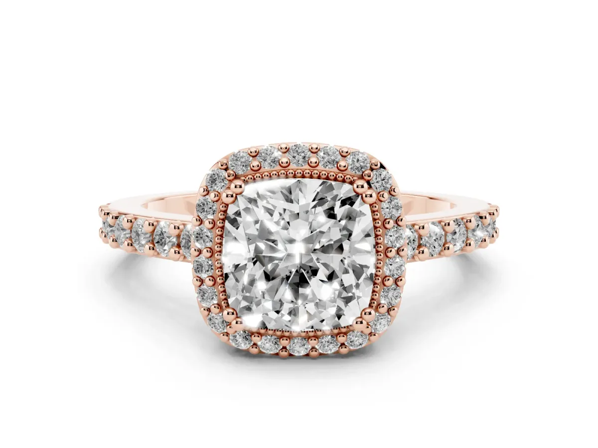 Cushion Cut Cut Diamond Halo Engagement Ring with Milgrain Detail and Pavé Band Rose gold