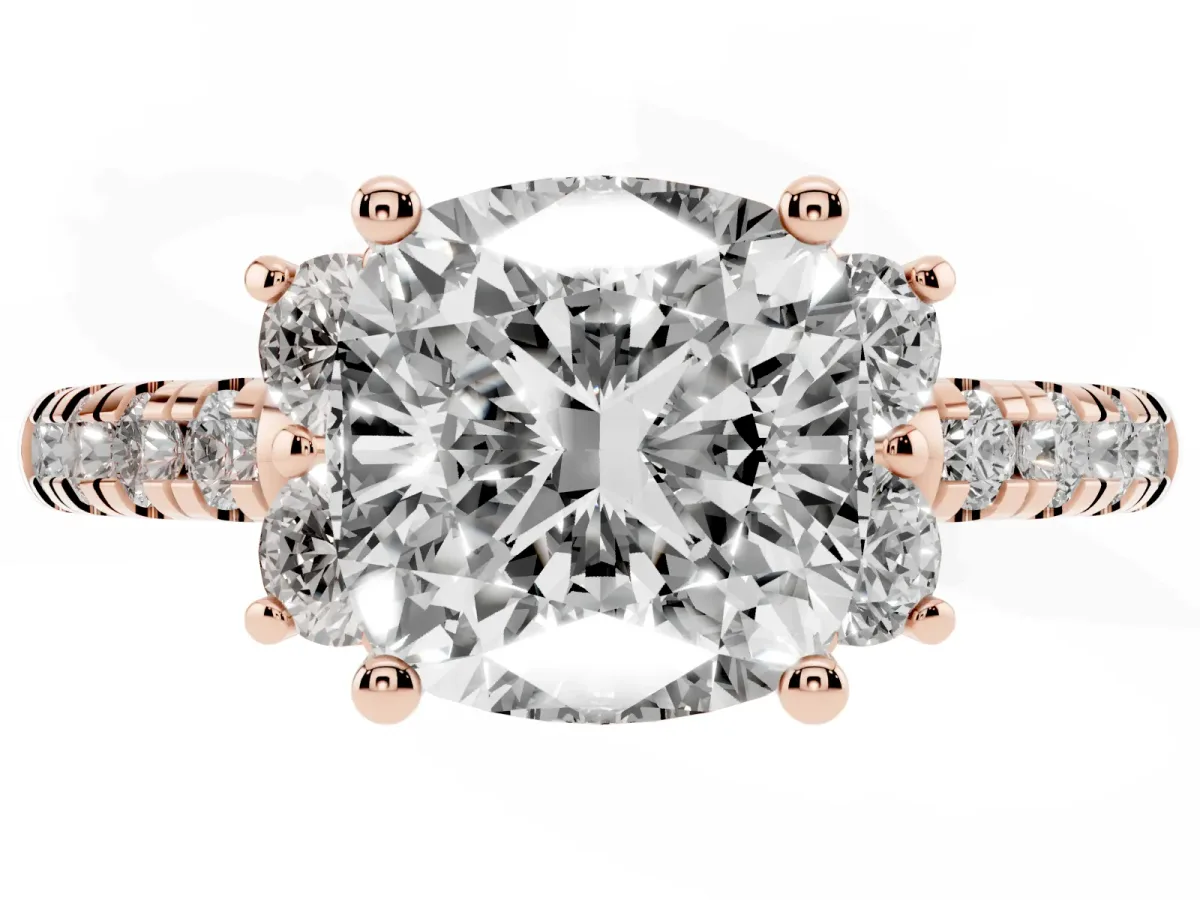 Cushion Cut Diamond Three-Stone Pave Band with Four-Prong Setting Rose gold
