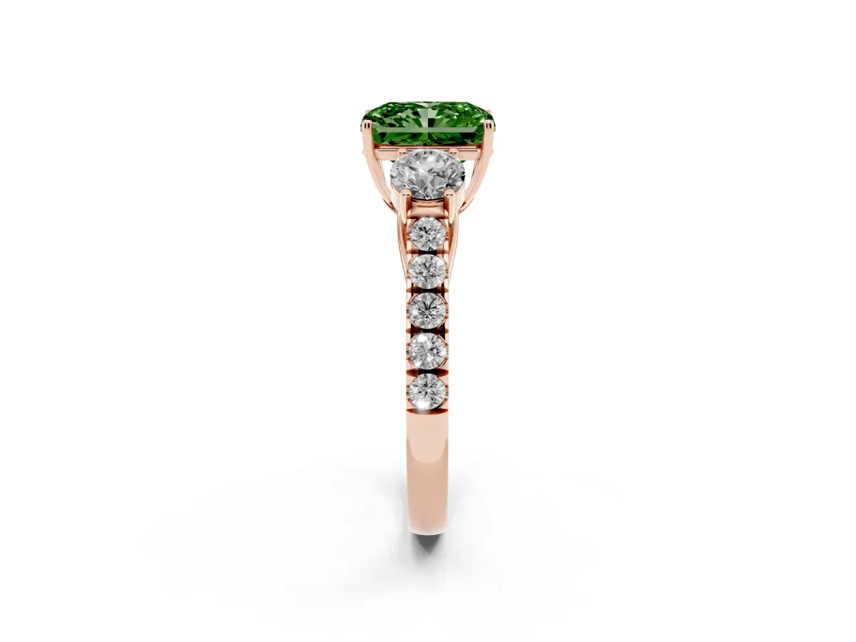 Fancy Green Radiant Cut Cut Diamond Three-Stone Ring with Round Side Stones and Pavé Band Rose gold