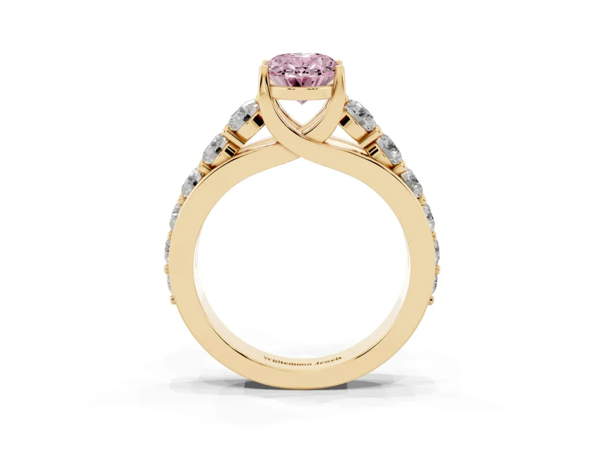 Fancy Pink Oval Cut Diamond Engagement Ring with Pavé Band and Four-Prong Setting Yellow gold