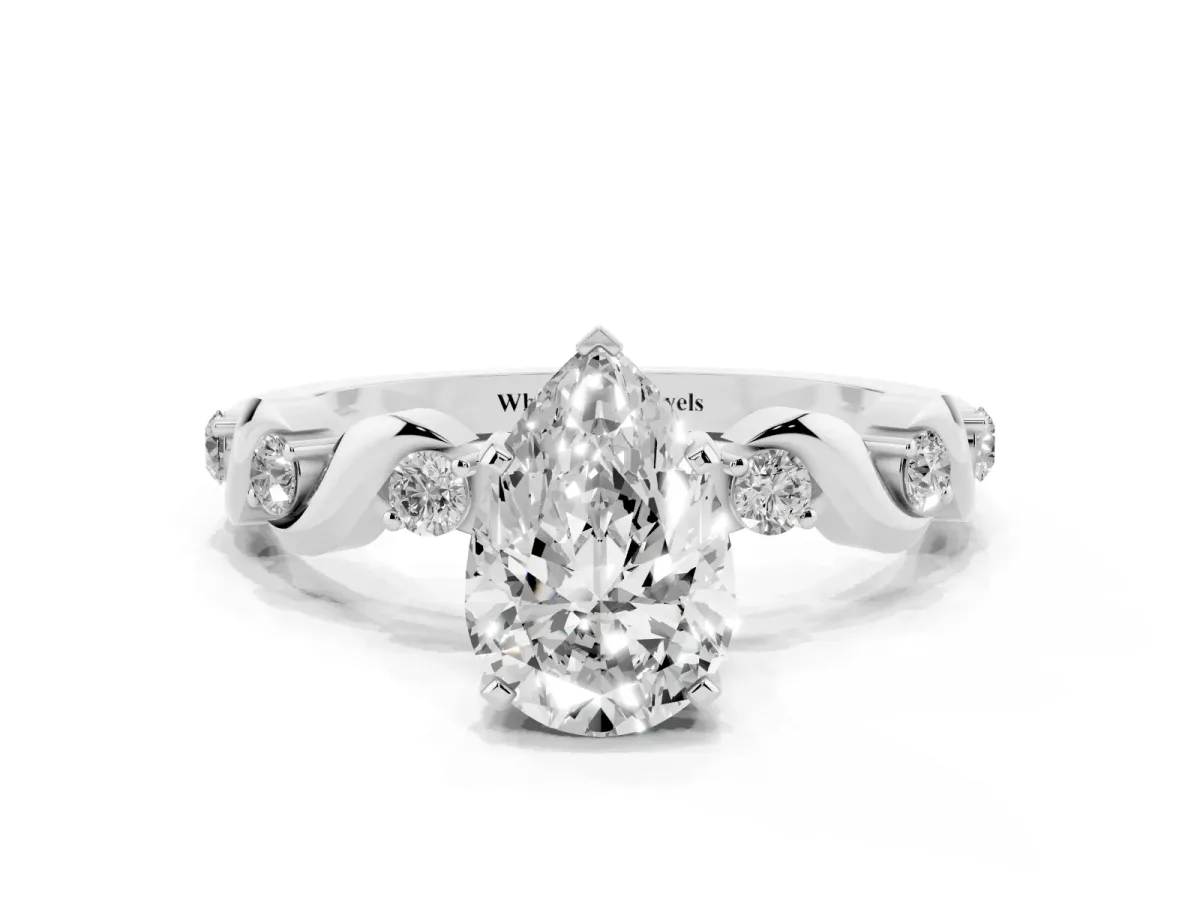 Pear Cut Diamond Solitaire Twisted Band with Round Accents and Prong Setting White gold