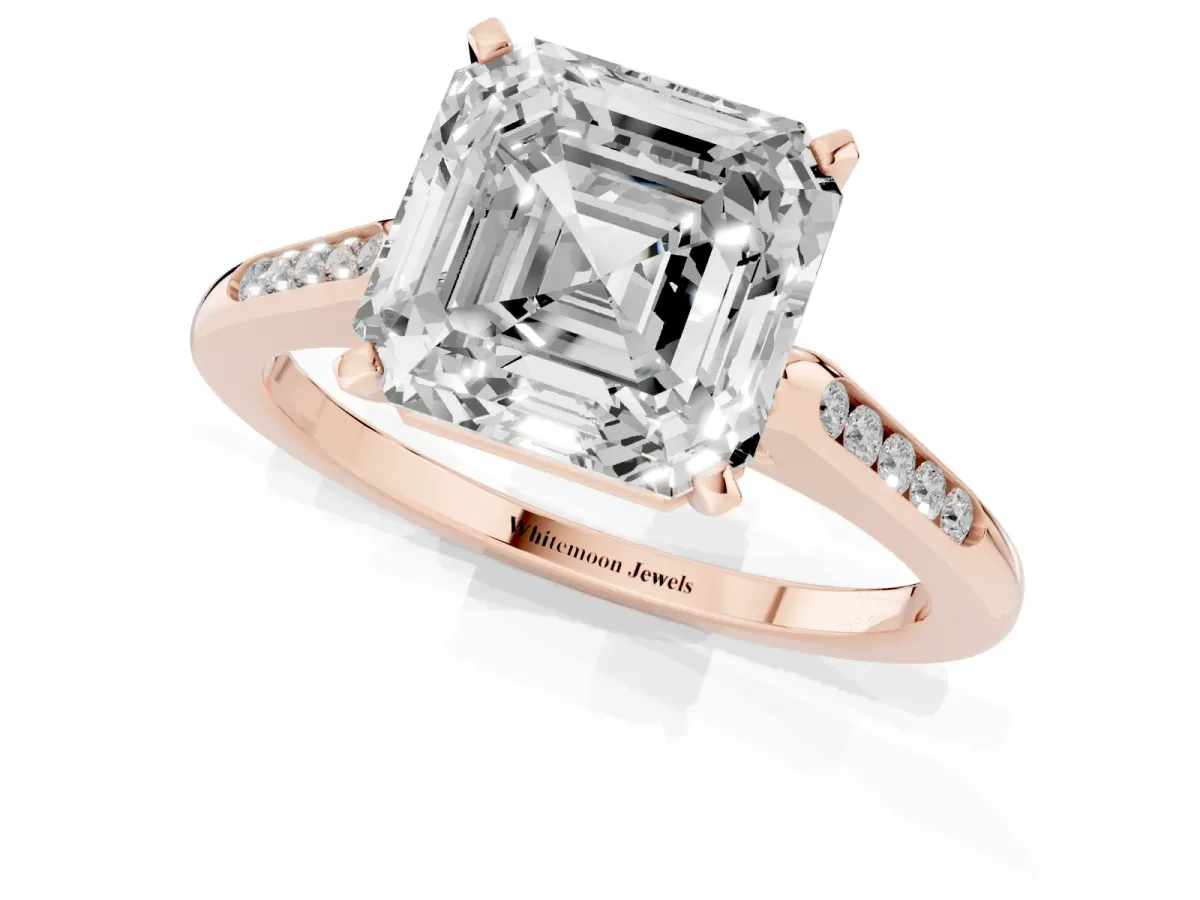 Asscher Cut Diamond Solitaire Ring with Channel Set Round Band and Prong Setting Rose gold