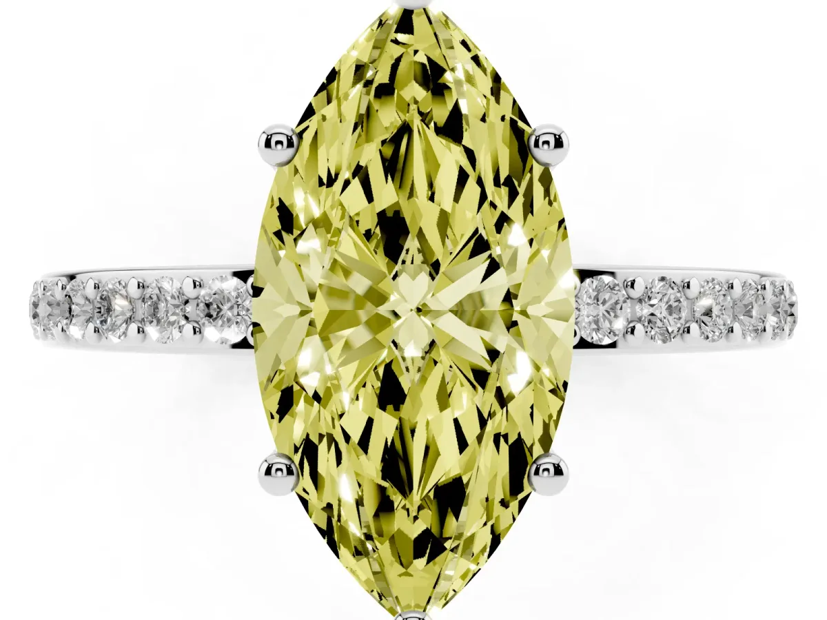 Fancy Yellow Marquise Cut Cut Diamond Pavé Band Ring with Four-Prong Setting Platinum
