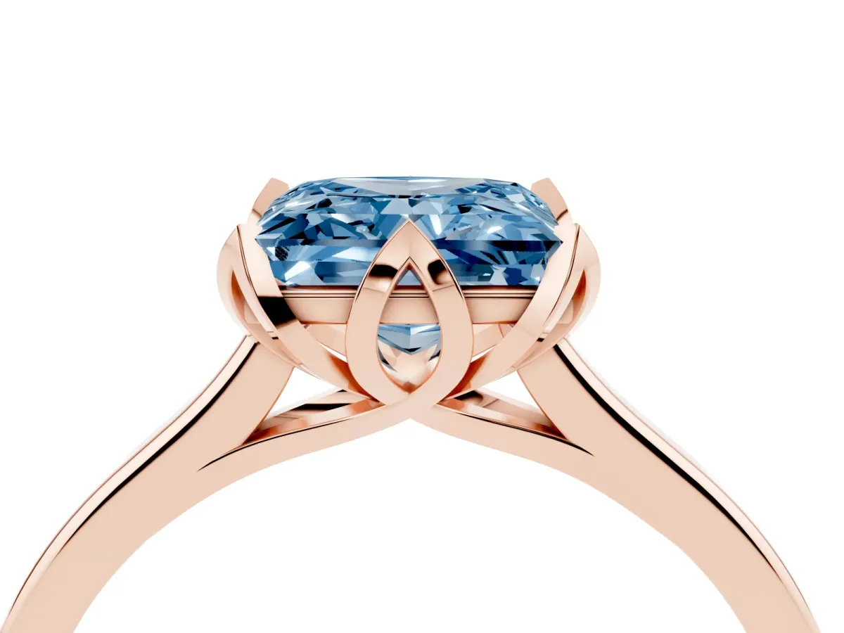 Fancy Blue Princess Cut Diamond Solitaire Ring with Flower Prong Setting and Classic Band Rose gold