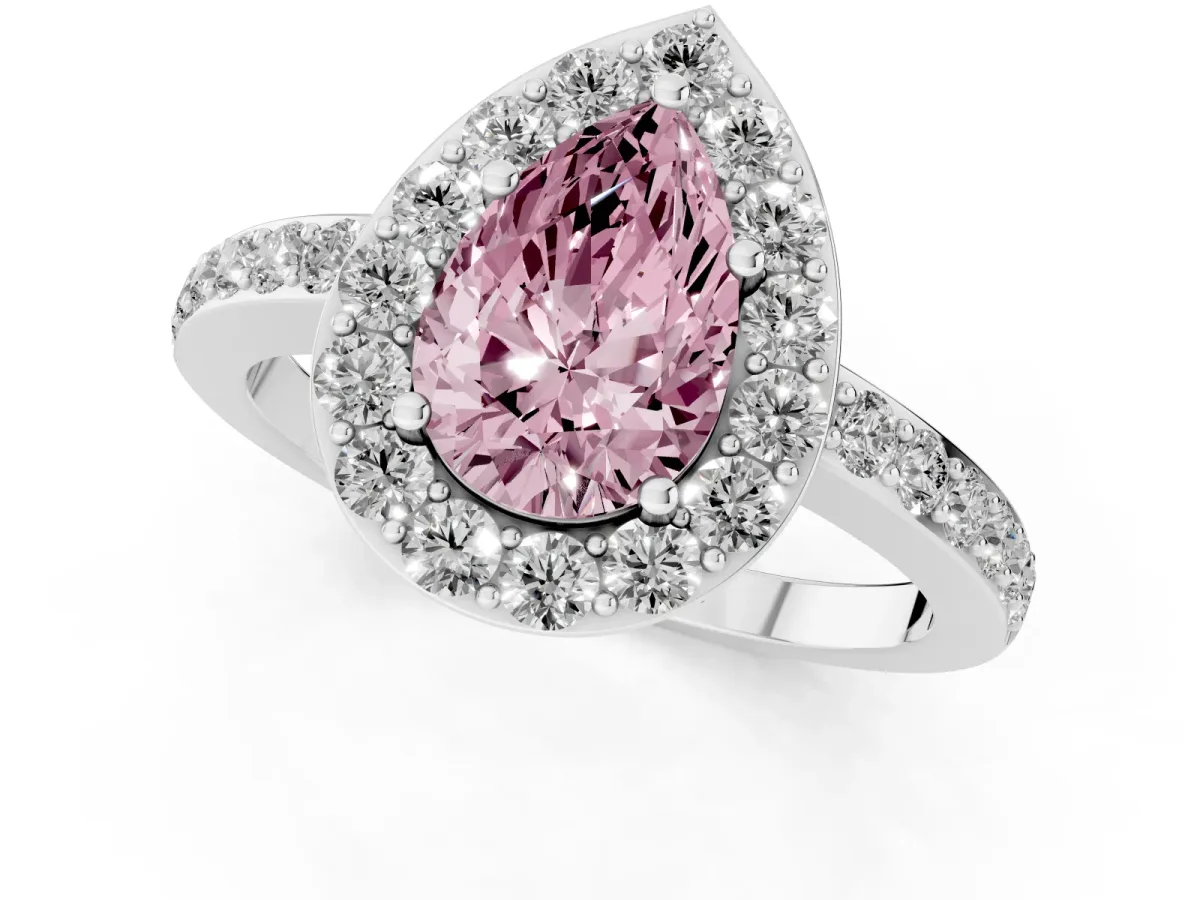 Fancy Pink Pear Cut Halo Diamond Pavé Band Ring with Prong Setting Silver