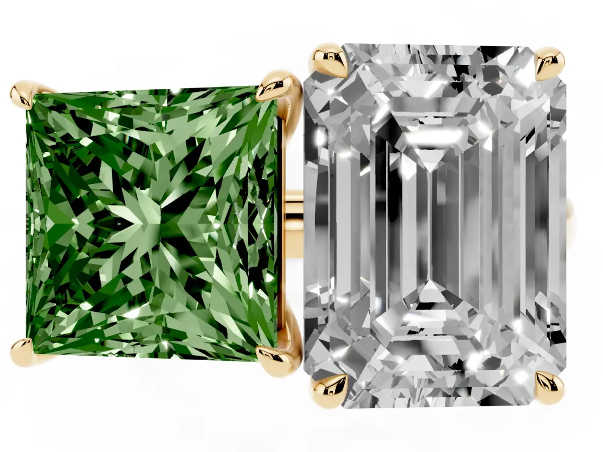 Fancy Green Princess Cut and Emerald Cut Toi Moi Ring with Prong Setting Yellow gold