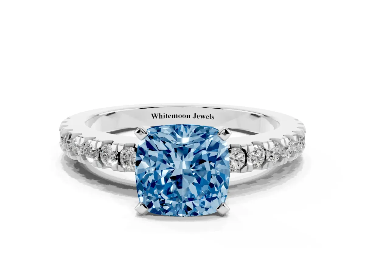 Fancy Blue Cushion Cut Solitaire Diamond with Pavé Band and Four-Prong Setting Silver