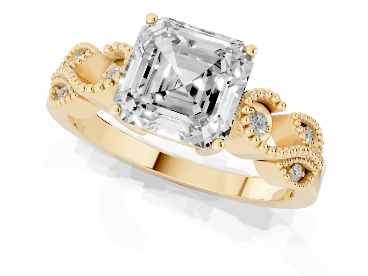 Asscher Cut Solitaire Milgrain Leaf Band with Prong Setting Yellow gold