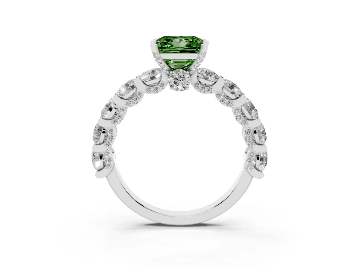 Fancy Green Princess Cut Diamond Side Stone Engagement Ring with Four-Prong Setting Silver