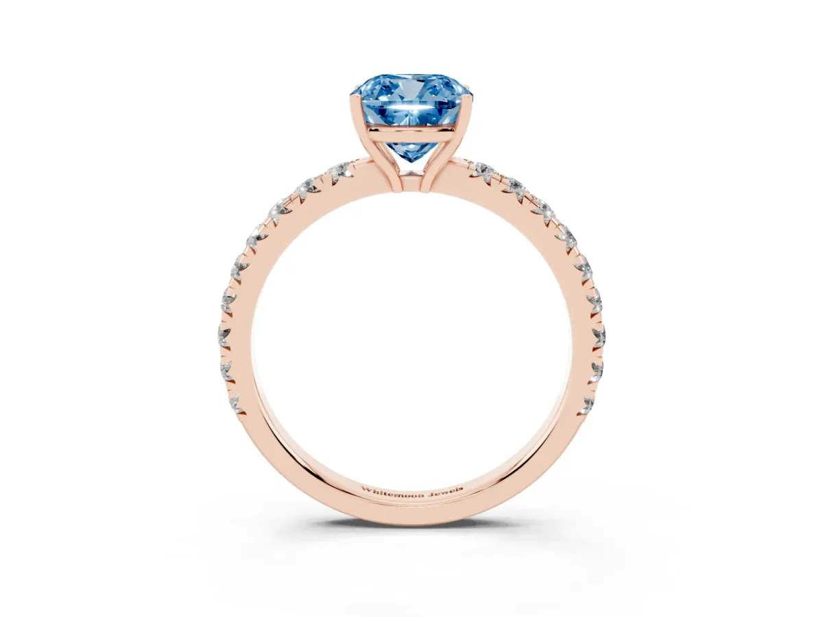 Fancy Blue Cushion Cut Diamond Pavé Solitaire Engagement Ring with Four-Prong Setting Rose gold