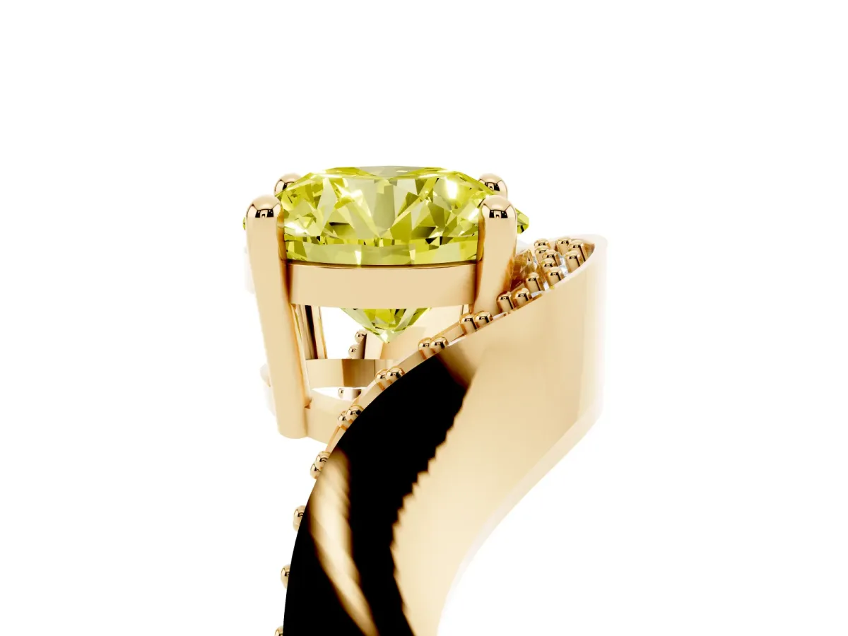 Fancy Yellow Round Cut Solitaire Diamond Engagement Ring with Pave Band and Four-Prong Setting Yellow gold