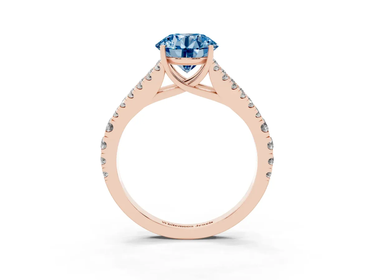 Fancy Blue Round Cut Diamond Split Shank Engagement Ring with Round Pavé and Prong Setting Rose gold