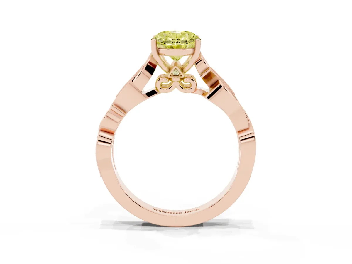 Fancy Yellow Oval Cut Solitaire Vine Band with Milgrain Prong Setting Rose gold