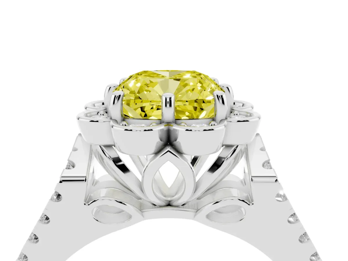 Fancy Yellow Cushion Cut Halo Diamond Floral Split Shank Engagement Ring Silver