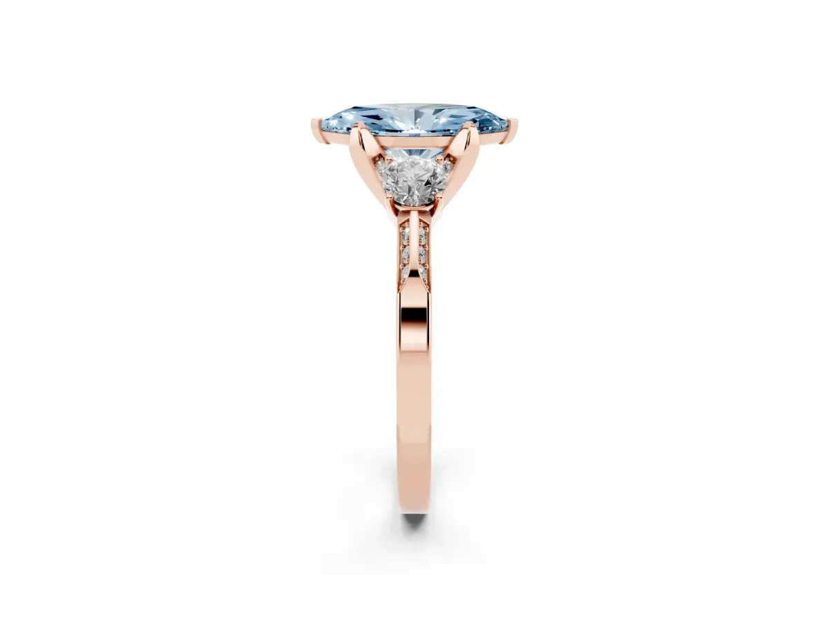 Fancy Blue Marquise Cut Brilliant Three-Stone Diamond Ring with Pavé Band and Four-Prong Setting Rose gold