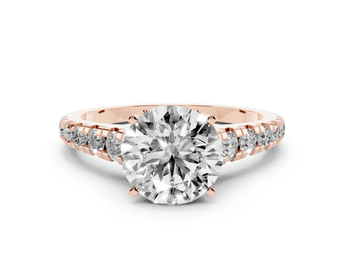 Round Cut Diamond Cathedral Solitaire Ring with Round Pavé Band Rose gold