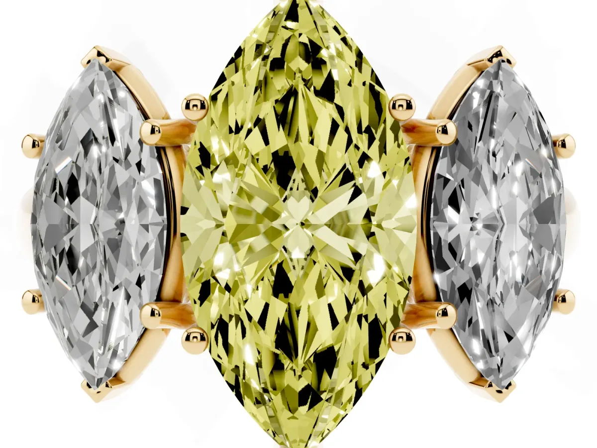 Fancy Yellow Three-Stone Marquise Cut Diamond Engagement Ring with Prong Setting Yellow gold