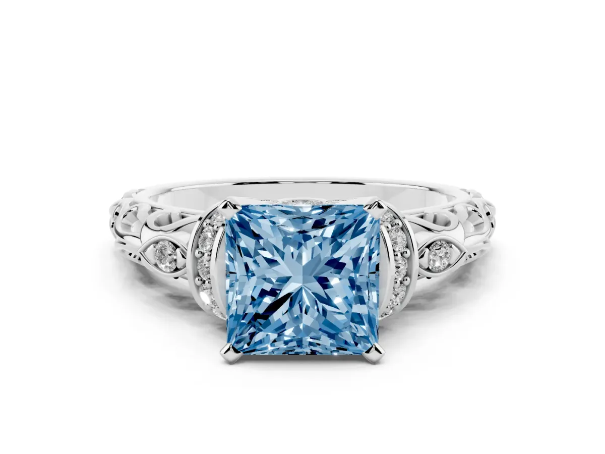 Fancy Blue Princess Cut Diamond Solitaire Ring with Filigree Band and Four-Prong Setting Platinum