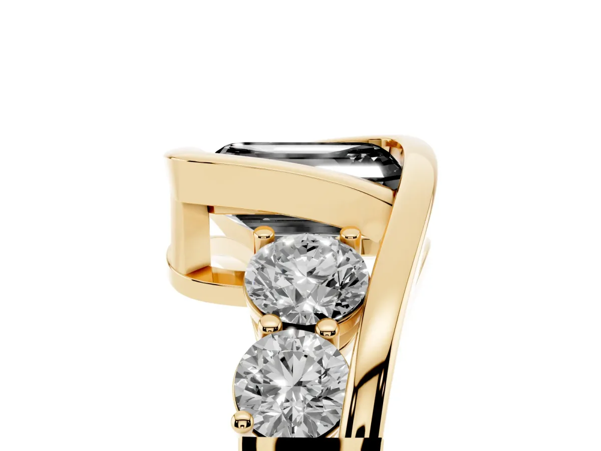 Fancy Black Bezel Set Emerald Cut Diamond Bypass Ring with Round Accents Yellow gold