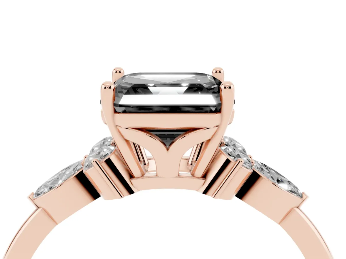 Fancy Black Asscher Cut Brilliant Diamond Solitaire Ring with Pear Side Stones and Four-Prong Setting Rose gold