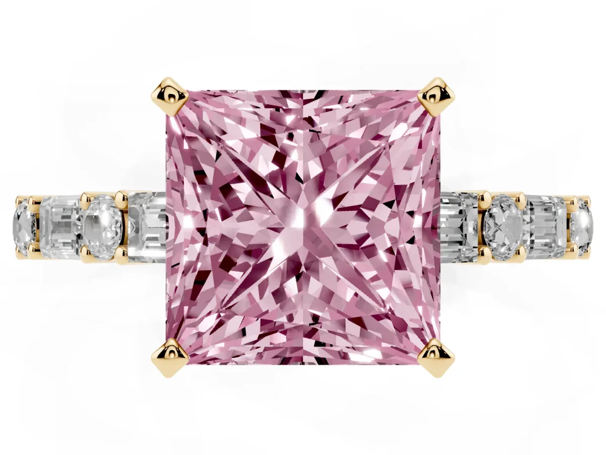 Fancy Pink Princess Cut Diamond Solitaire with Side Baguettes and Channel Set Band Yellow gold