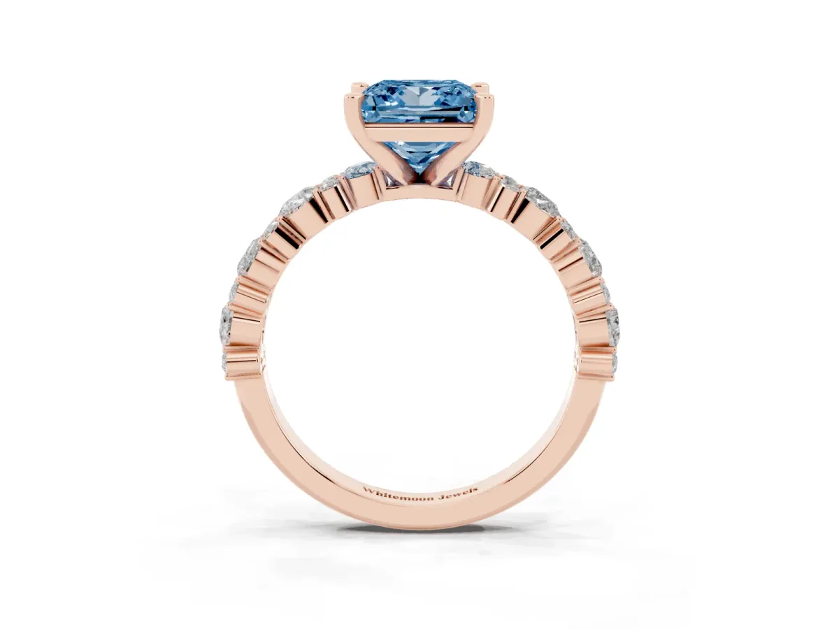 Fancy Blue Princess Cut Diamond Side Stone Solitaire Ring with Round and Four-Prong Setting Rose gold