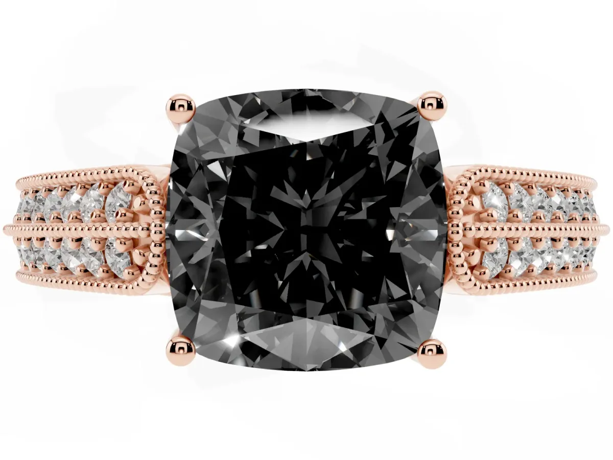 Fancy Black Cushion Cut Cut Pave Split Shank Engagement Ring with Four-Prong Setting Rose gold