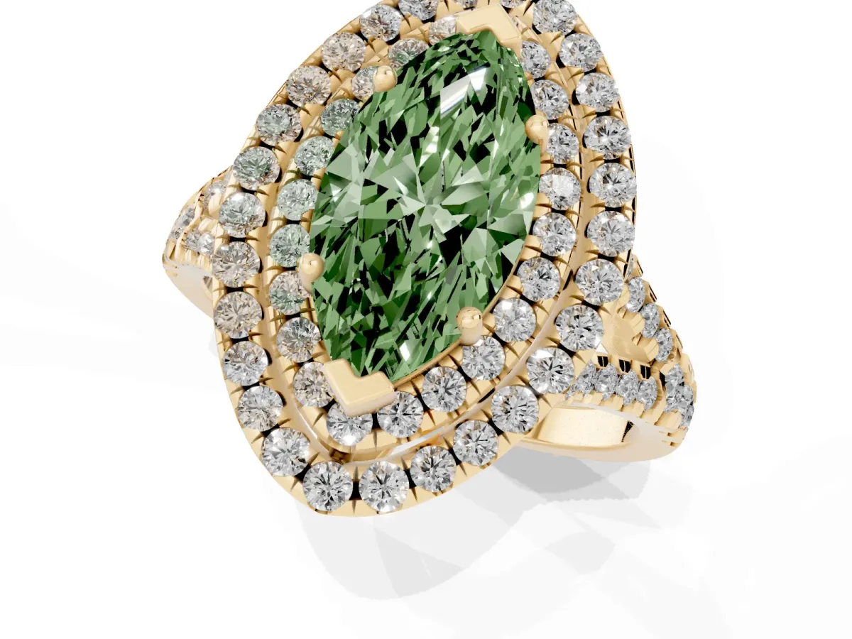 Fancy Green Double Halo Marquise Cut Diamond Pavé Split Shank Ring with Prong Setting Yellow gold