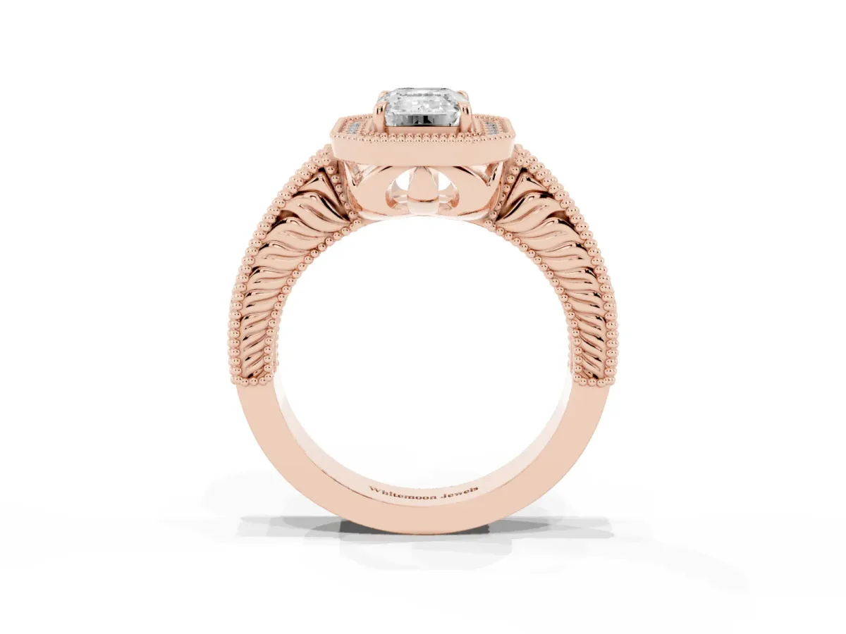 Emerald Cut Cut Halo Diamond Ring with Pavé Band and Four-Prong Setting Rose gold
