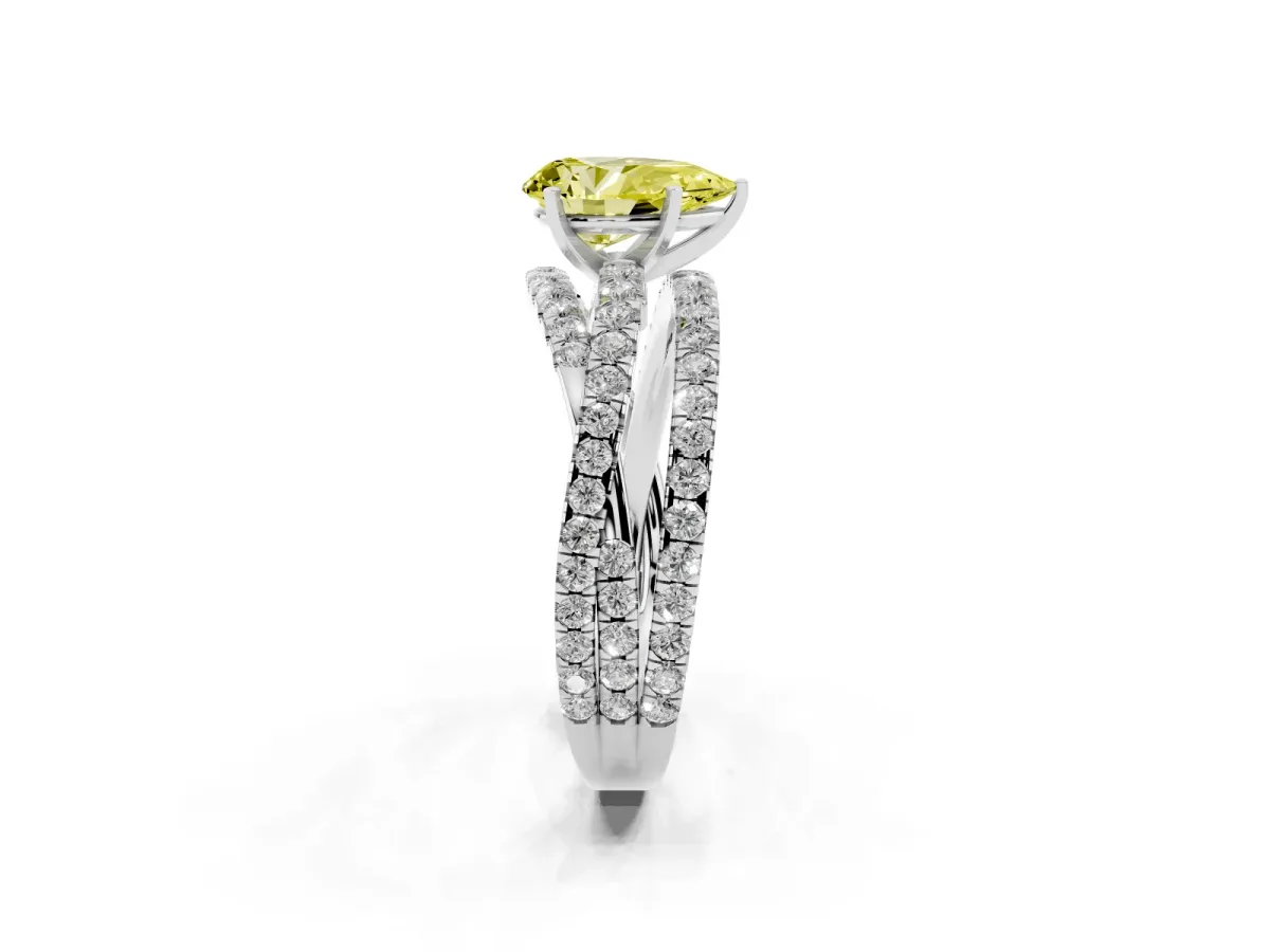 Fancy Yellow Pear Cut Solitaire Twist Band with Pavé Setting and Four-Prong Setting Silver