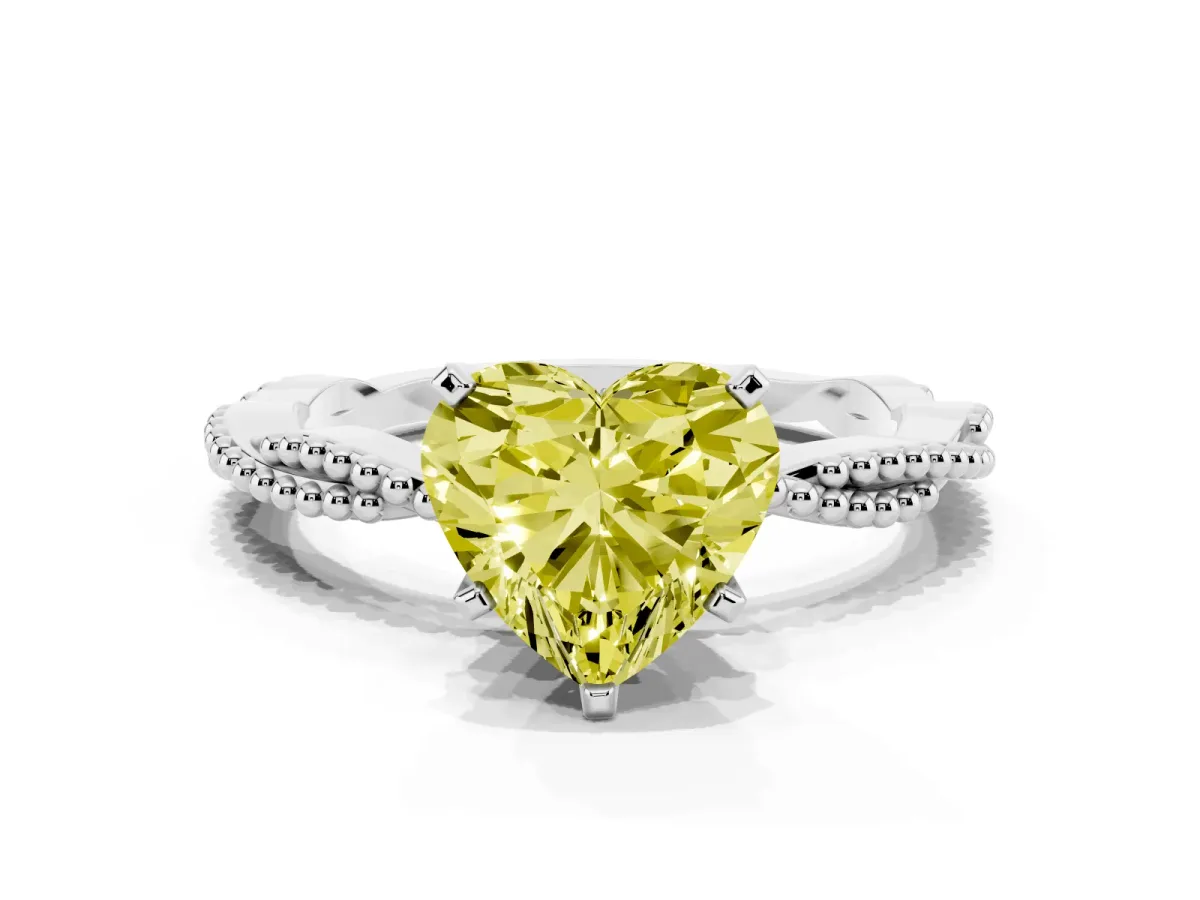 Fancy Yellow Heart Cut Solitaire Twisted Band with Bead Prong Setting Silver