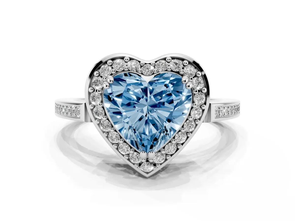 Fancy Blue Heart Cut Diamond Halo Ring with Split Shank and Four-Prong Setting Silver