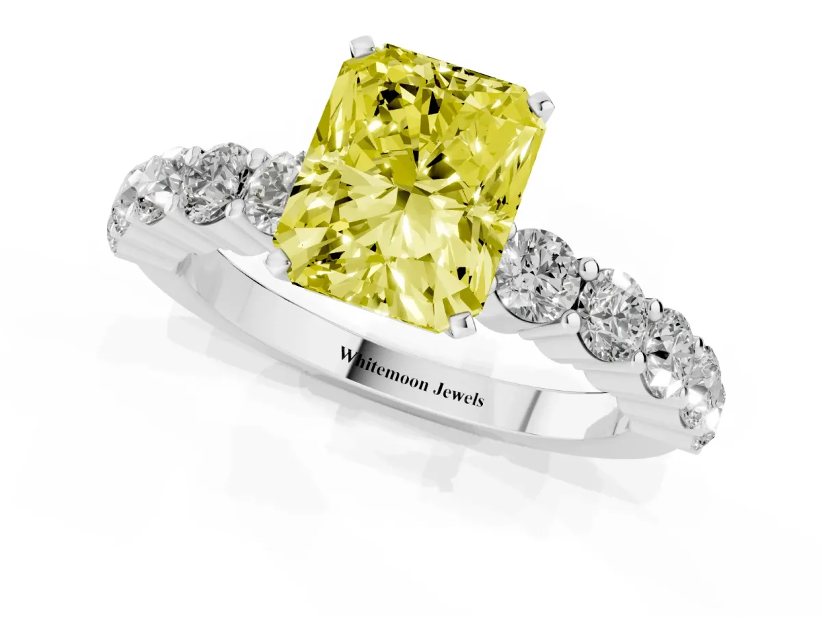 Fancy Yellow Radiant Cut Diamond Solitaire Ring with Shared Prong Round Side Stones Platinum