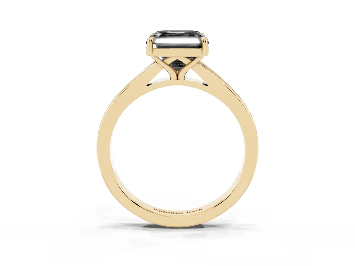 Fancy Black Asscher Cut Diamond Solitaire Ring with Pavé Band and Prong Setting Yellow gold