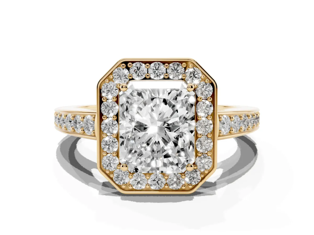 Radiant Cut Halo Pavé Diamond Engagement Ring with Bezel Setting Yellow gold