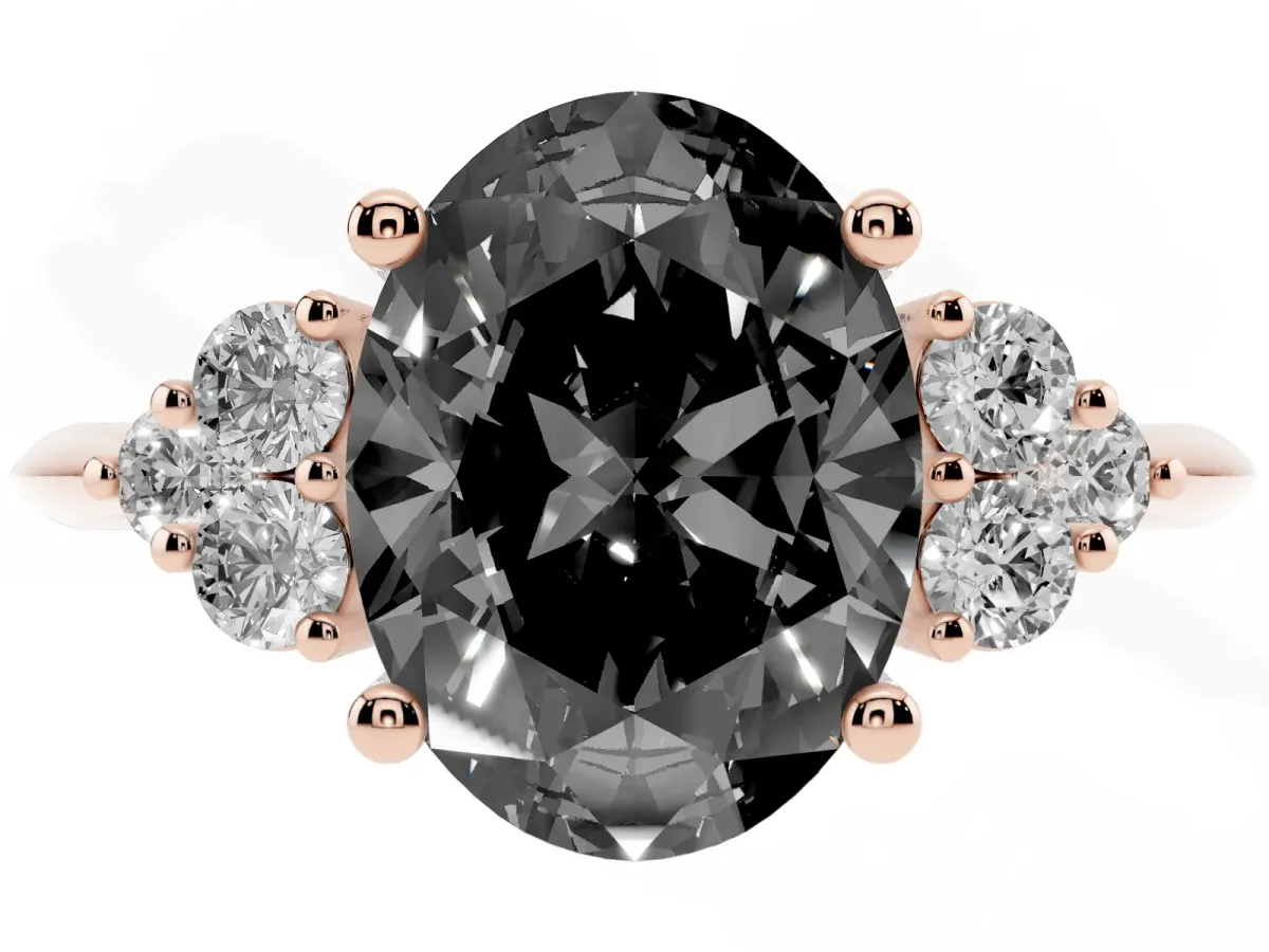 Fancy Black Oval Cut Cut Diamond Cluster Ring with Solitaire Band and Four-Prong Setting Rose gold