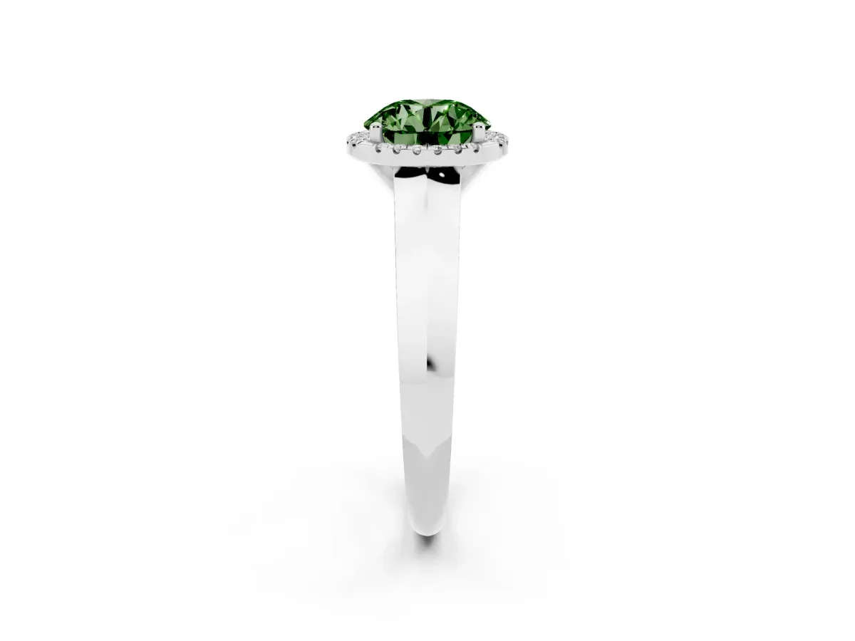 Fancy Green Round Cut Halo Diamond Ring with Cathedral Band and Four-Prong Setting White gold