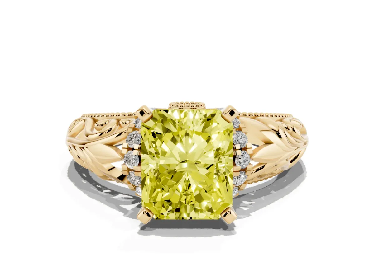 Fancy Yellow Radiant Cut Solitaire Filigree Engagement Ring with Halo and Prong Setting Yellow gold