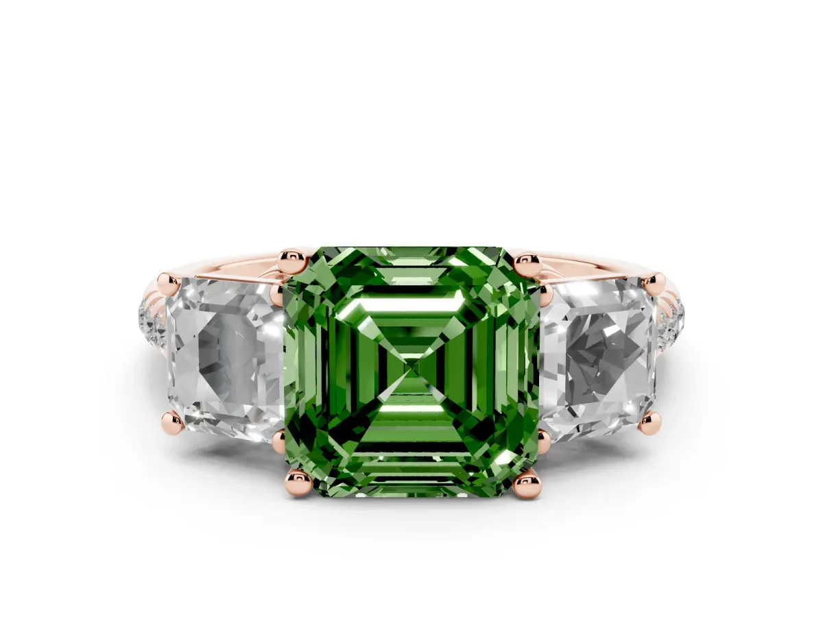 Fancy Green Three-Stone Asscher Cut Diamond Ring with Round Pavé Band and Prong Setting Rose gold