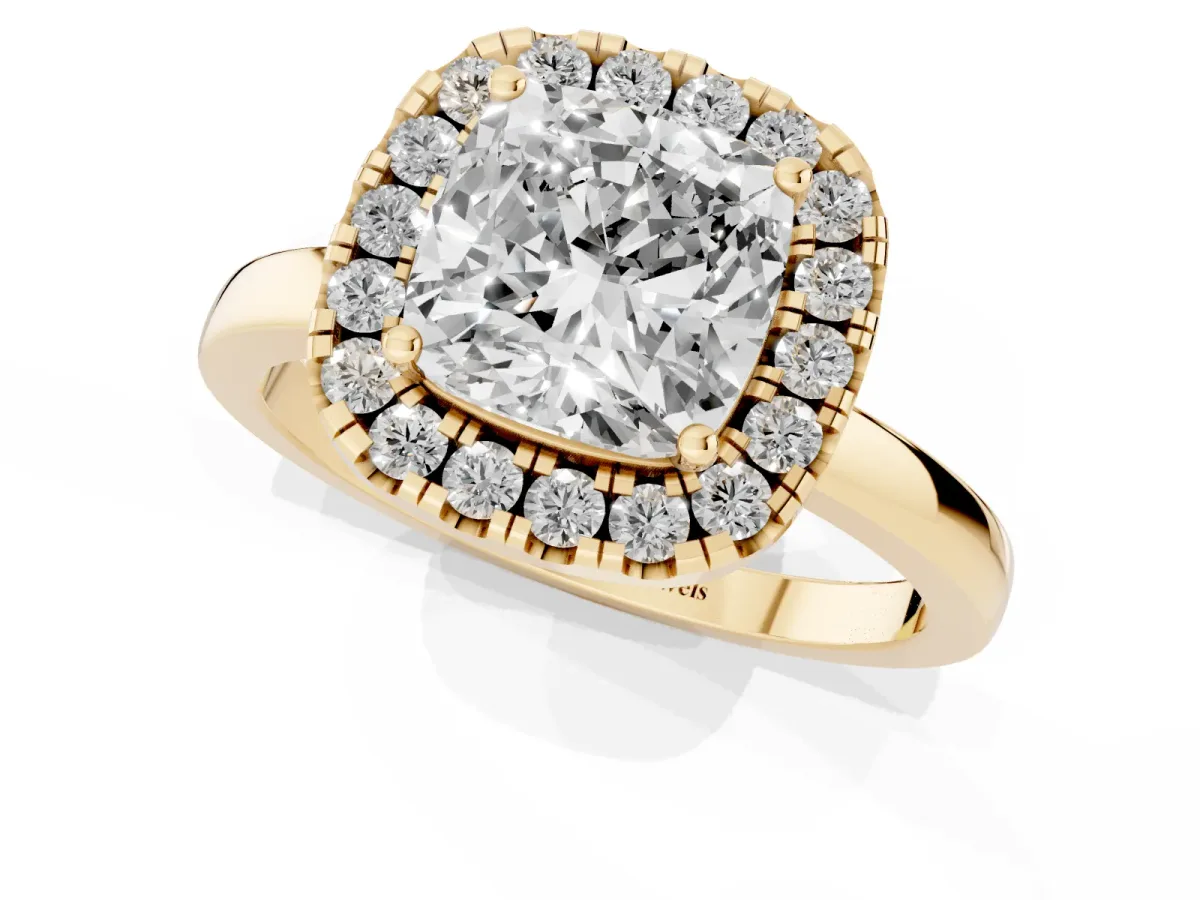 Cushion Cut Halo Diamond Solitaire with Pavé Band and Four-Prong Setting Yellow gold