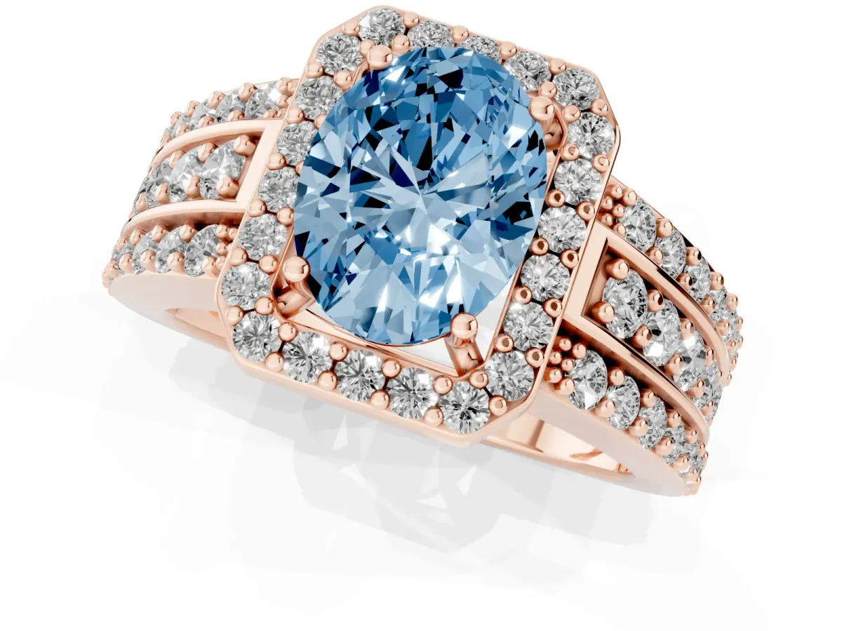 Fancy Blue Oval Cut Halo Diamond Ring with Round Split Shank and Prong Setting Rose gold