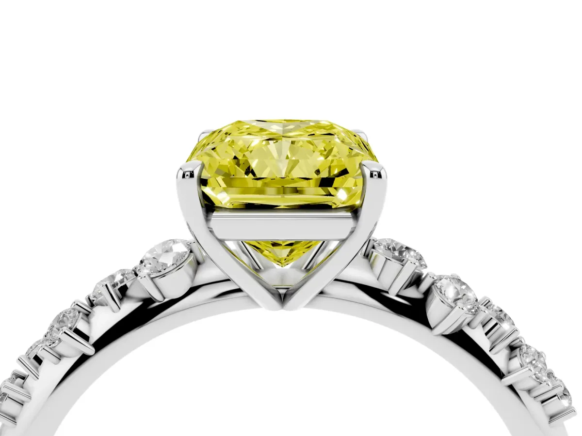 Fancy Yellow Radiant Cut Diamond Cluster Side Stone Solitaire Ring with Prong Setting White gold