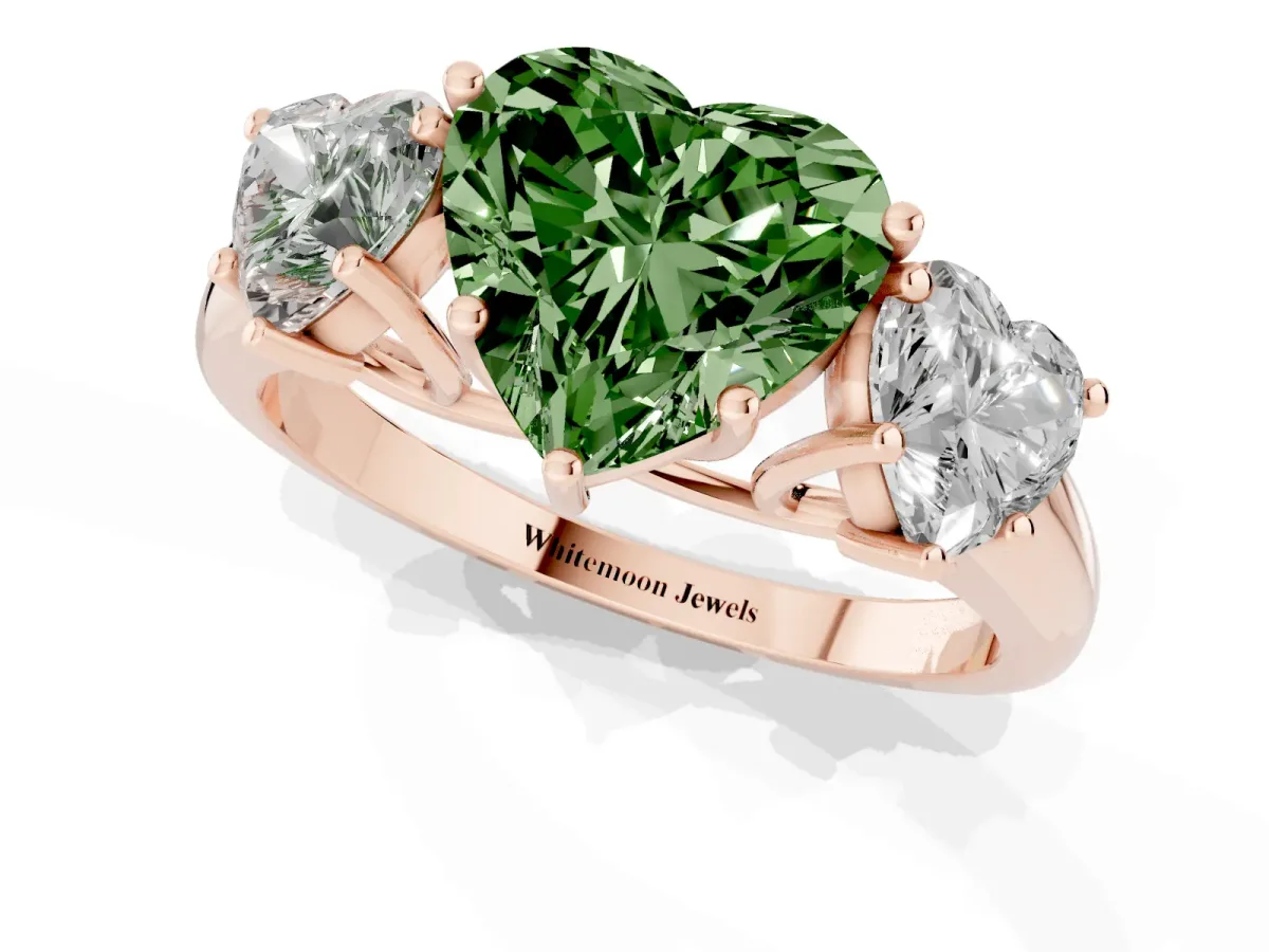 Fancy Green Three-Stone Heart Cut Diamond Engagement Ring with Prong Setting Rose gold